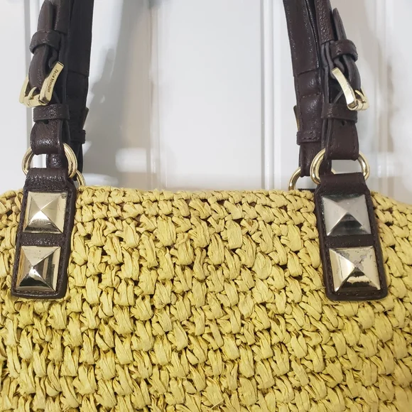 Michael Michael Kors Vintage Large Woven Straw Leather Handbag Satchel Tote - Picture 13 of 15